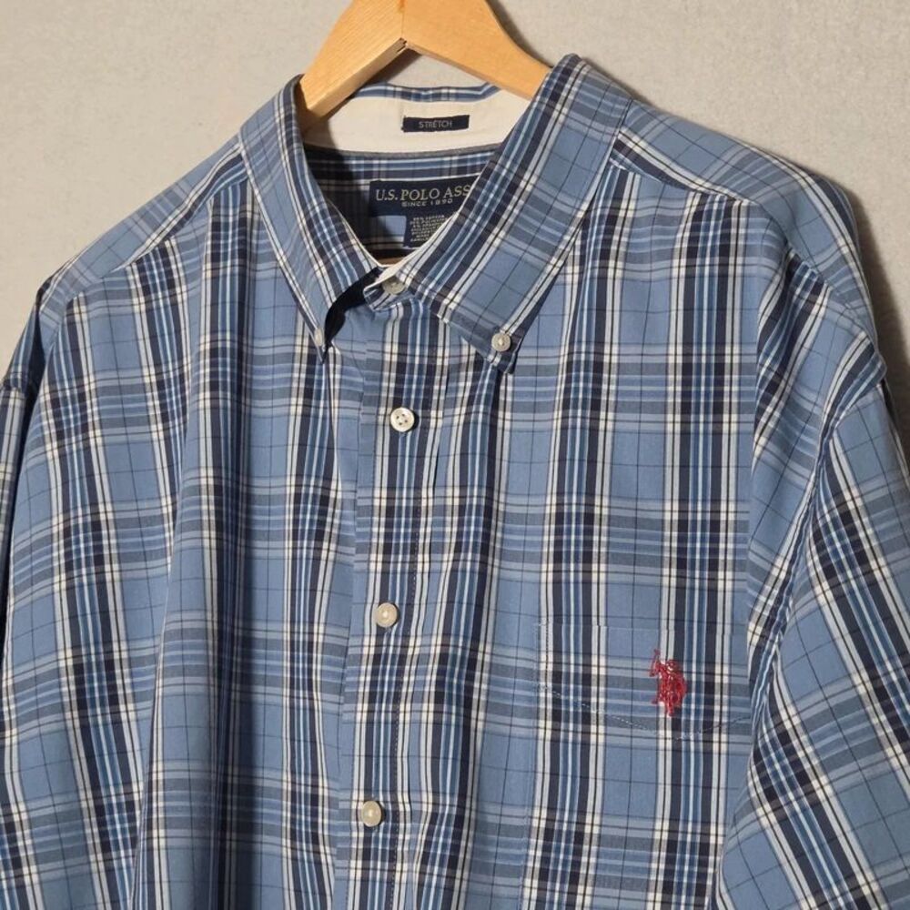 US Polo Assn 3XLT Plaid Long Sleeve Shirt Mens Blue White Stretch Big Tall 3XL